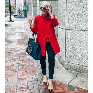 Cabi Red Celebration Jacket 3546 Houndstooth Long Ruffled Mock Coat Sz XS NWOT